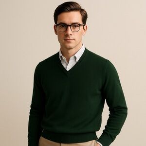 Vintage Peter Scott 100% Wool V-Neck Sweater Forest Green Made in Scotland